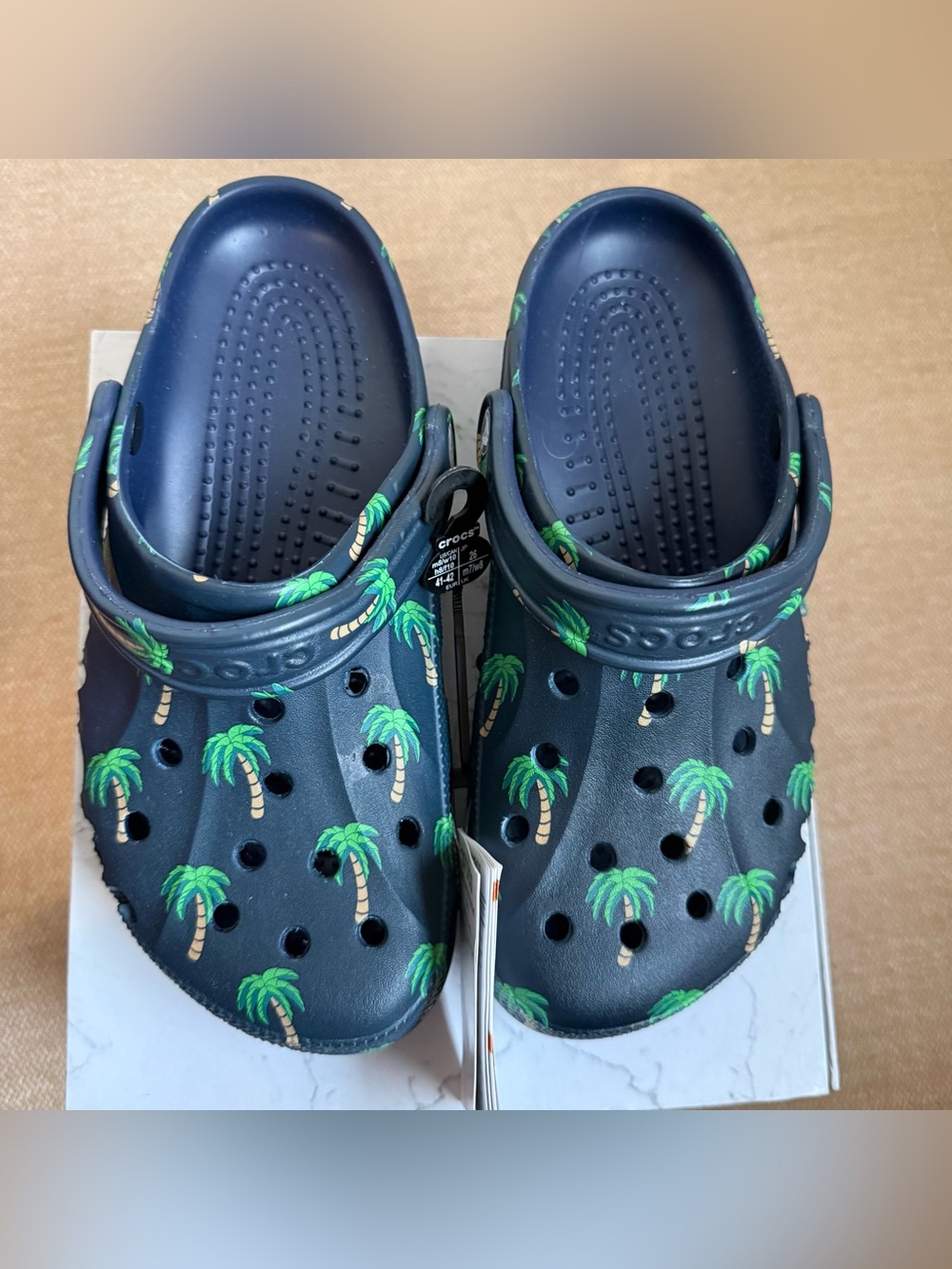 CROCS Navy Palm Tree Clogs with Green Print Unisex Men's 8/women's 10